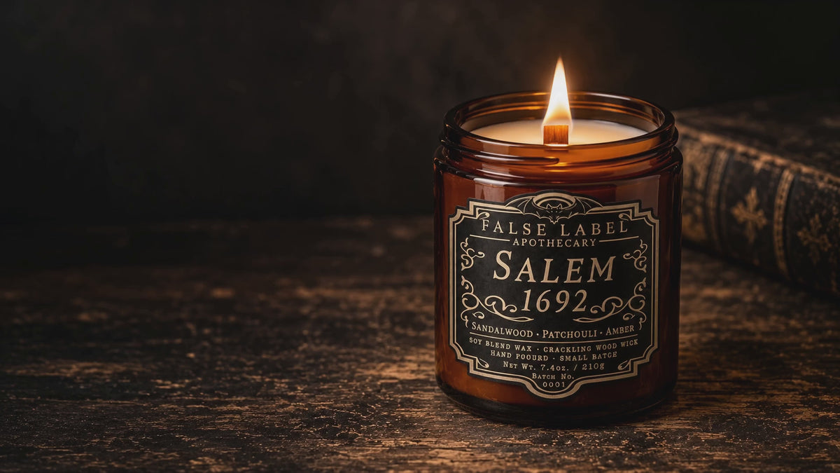 False Label Salem 1692 wood-wick candle with crackling audio